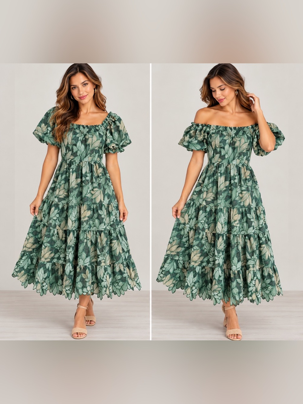Just Me Floral Midi Dress in Green & Tan lace Like New